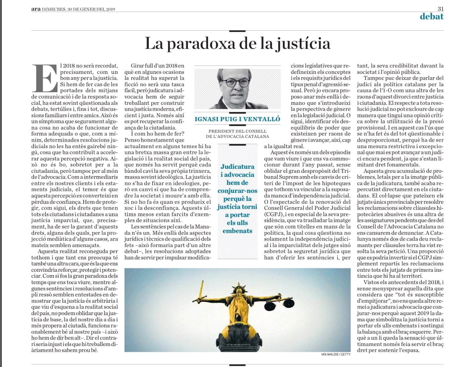 Article d'opinió president del Consell de l'Advocacia Ignasi Puig Ventalló, al Diari - Consell de l'Advocacia Catalana